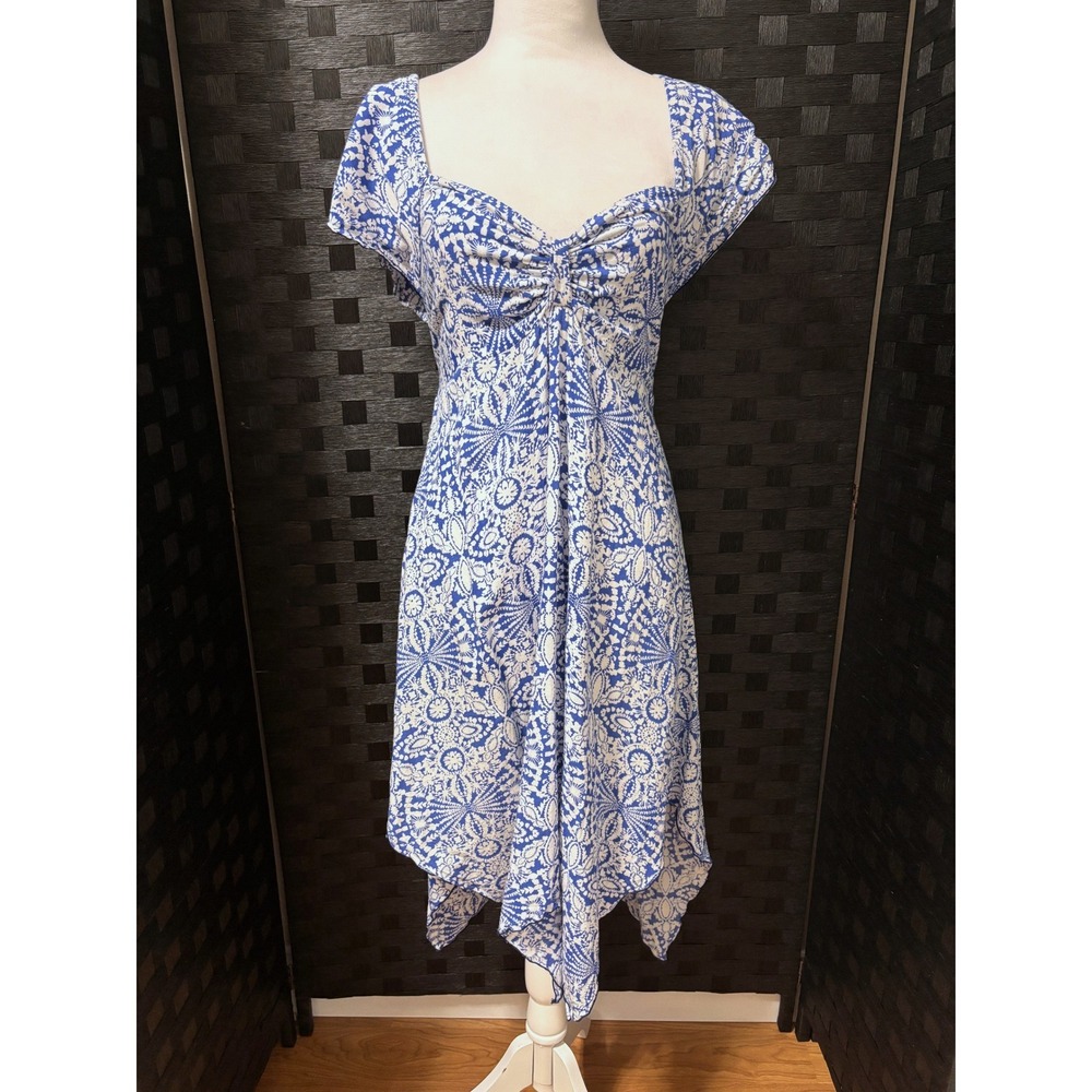Sun Dress Women S Blue Batik Floral Cotton Sharkbite Cottage Y2K Coastal Boho